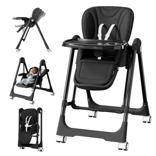 High Chairs for Babies and Toddlers Foldable with Rocking Mode (Black) | Adjustable Height Baby High Chair with Lockable Wheels, Removable Tray, Multi-Position Backrest & Footrest