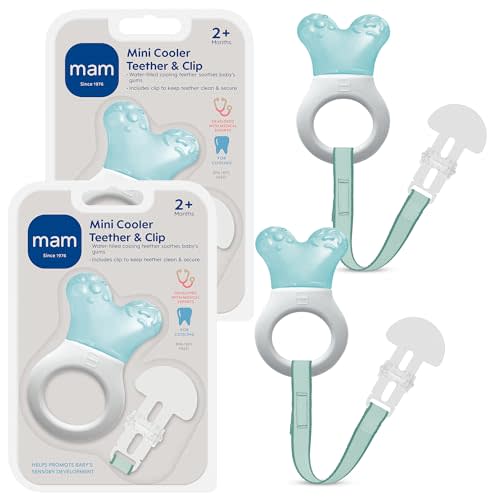 MAM Mini Cooler Lightweight Baby Teether with Clip 2+ Months 2 Pack | Cooling Ring For Teething Relief, Lightweight Easy-Grip Handle, Reaches Back Teeth, Refrigerator Safe, Made In Europe