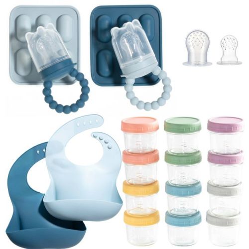 Baby Feeding Set, Silicone Baby Fruit Feeders, Baby Bibs & 12-Piece Glass Baby Food Storage Containers w/ Lids. Baby Must-Have, BPA-Free Easy to Clean