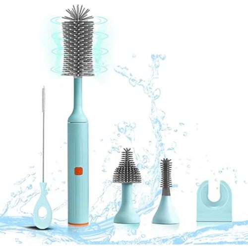 Electric Baby Bottle Brush Set with Rechargeable Electric Bottle Brush Cleaner and Replaceable Silicone Bottle Brushes and Straw Brush Cleaner, Waterproof Multi-Purpose Cleaning Brush(Blue)