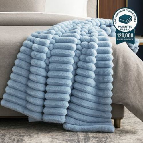 Cozy Bliss Striped Faux Fur Throw Blanket, Soft Plush Decorative Throw, Haze Blue, 50"x60"