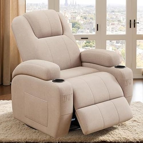 Flamaker Silla reclinable giratoria con masaje por vibración, sillas reclinables giratorias de 360° para adultos, silla de descanso ergonómica con portavasos, sofá reclinable individual (tela, caqui)