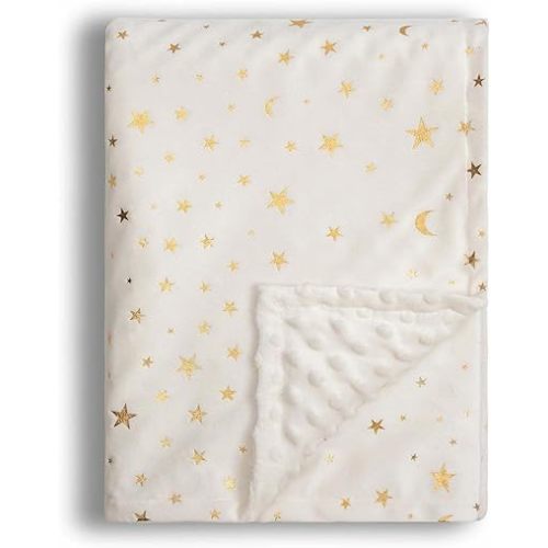 Baby Blanket for Boys Girls Soft Minky with Double Layer Dotted Backing, Star and Moon Printed 30 x 40 Inch Receiving Blanket (Beige)