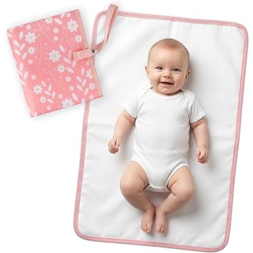 Portable Diaper Changing Pad for Baby - Waterproof Compact Changing Mat with Wrist Strap - Wipeable Travel Changing Pad for Diaper Bag - Gifts for Baby Shower by PHOEBUS BABY(Pink Flowers)