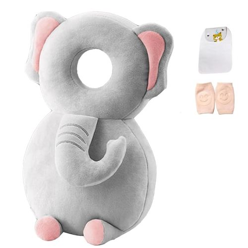 Baby Head Protector Backpack, Toddler Baby Head Protection Backpack with Baby Knee Pads Alarm Function for Walking & Crawling, Soft, Breathable and Wearing Safety Baby Head Protector - Grey Elephant