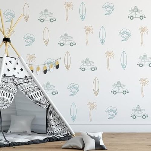 Retro Surfer Theme Wall Sticker, Ocean Wall Decals, Boys Beach Room Decals，Palm Tree Sun Decoration, Peel and Stick Removable Vinyl Underwater Wall Sticker, Kids Bedroom Nursery Room Decoration.