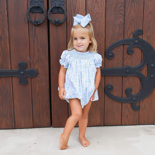 Christmas Tree Bow Blue Smocked Bubble