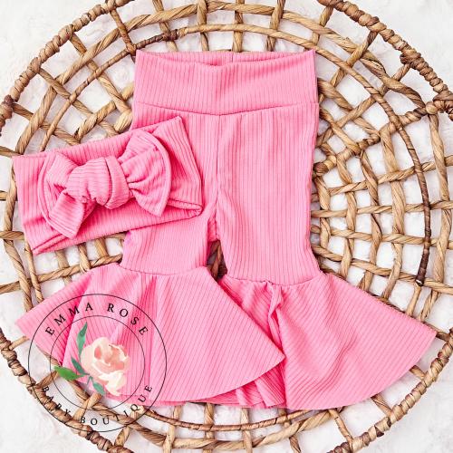Baby girl pink bell bottom flare pants, headband hair bow, pink flare pants, baby pants, retro hippie baby clothes, newborn pants, infants