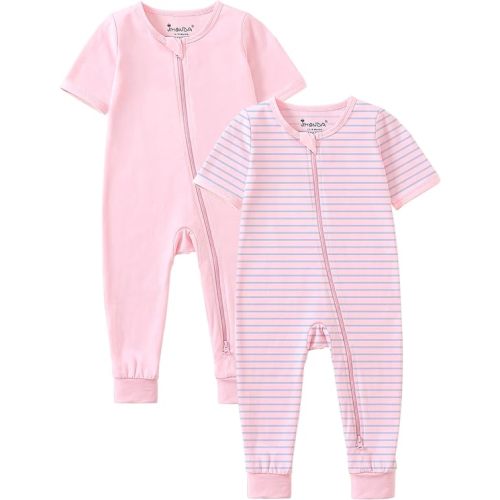 Jimonda Baby Romper 2 Pack Short Sleeve Pajamas Footless Sleepers Baby Boys Girls 2 Way Zipper Pjs Sleep and Play Clothes