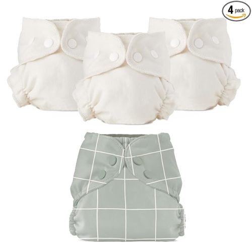 Esembly Cloth Diaper Bundle Set - 3 Organic Cotton Absorbent Inners and 1 Waterproof Outer Diaper Cover - Reusable, Washable, Snap Closure Cloth Diapers - Size 1 (7-17lbs), Lattice