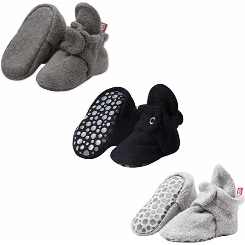 Zutano Cozie Fleece Baby Booties, Unisex, For Newborns and Infants - 3 Pack - Gray/Black/Heather Gray