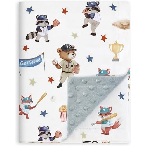 BORITAR Baby Blanket for Boys Girls, Soft Lightweight Minky Blanket with Double Layer Dotted Backing for Infant Toddler Nursery Crib with Cute Woodland Animal Baseball Design, 30 x 40 Inch
