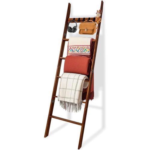 Wooden Blanket Ladder with Removable Hooks, 6-Tier 5.66 Ft (68 Inch) Rustic Blanket Rack, Blanket Ladders for Living Room & Bedroom, Easy Assembly, Perfect for Displaying Blankets & Scarves, Brown