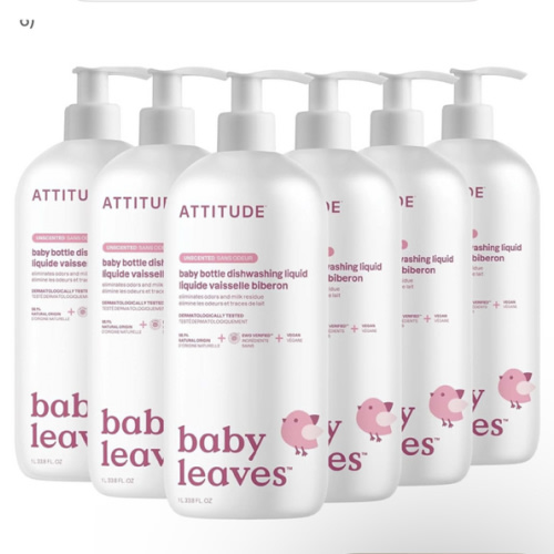 ATTITUDE Baby Dish Soap and Bottle Cleaner, EWG Verified Dishwashing Liquid, No Added Dyes or Fragrances, Tough on Milk Residue and Grease, Vegan, Unscented, 33.8 Fl Oz (Pack of 6)