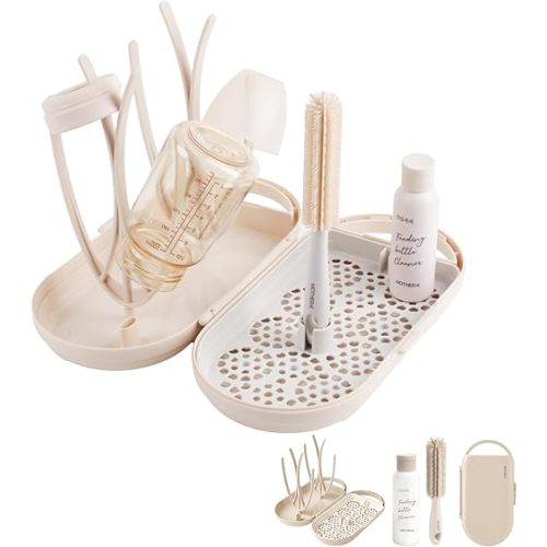 MOTHER-K Travel Baby Bottle Drying Rack Set - Baby Bottle Cleaner Kit with Mini Silicone Bottle Brush, Portable Bottle Drying Rack for Home and Travel (Cream)