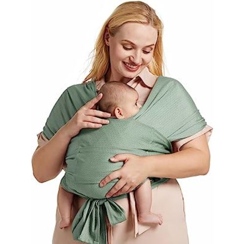 Momcozy Adjustable Buckle Baby Wrap Carrier Cooling Air-Mesh, Easy to Wear Baby Carrier Sling, Baby Carriers Newborn to Toddler 8-35lbs, Suit for Waist 30-47inch, Regular Grey Green