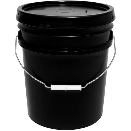 5-Gallon Bucket with Airtight Lid – Made in USA, Food Grade BPA Free Plastic, Heavy Duty Multi-Use, Metal Handle with Grip, Stackable Storage – Black, 1 Pack