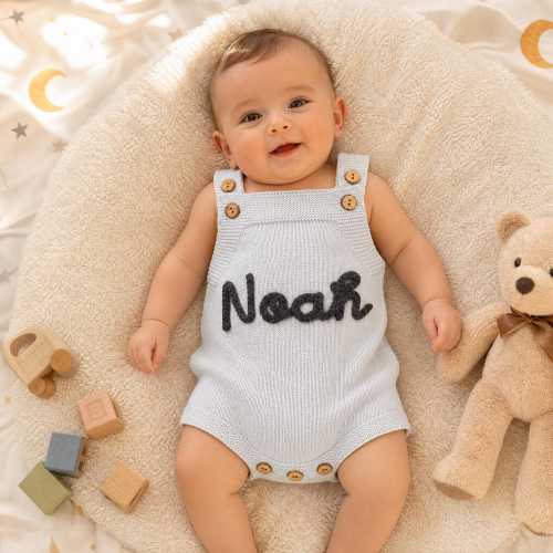 Personalized Hand Embroidered Baby Romper Set | Custom Name Organic Cotton Knit Outfit | Gender Neutral Newborn Coming Home Gift