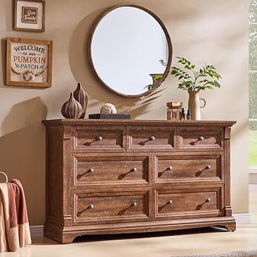 T4TREAM Farmhouse 7 Drawers Dresser for Bedroom, 54" Wide Wood Rustic Chest of Drawers w/Roman Column, Wooden Storage Dressers Organizer for Bedroom, Living Room, Closet, Reclaimed Barnwood