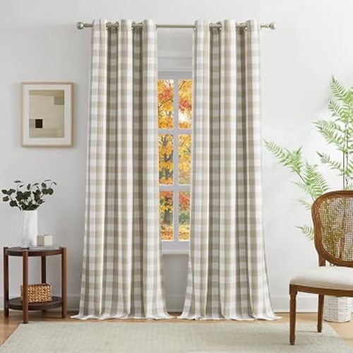 Amzdecor Beige White Buffalo Plaid Full Blackout Curtains 90 Inches Long