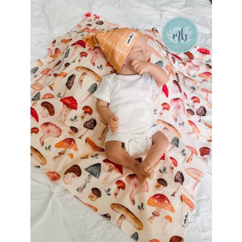 Watercolor Mushrooms Swaddle Blanket + Knotted Beanie Hat | Watercolor Art Mushroom Blanket | Swaddle Set