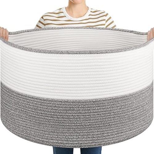 Large Blanket Basket with Handles, 22.8" x 22.8" x 13" Woven Storage Basket for Living Room, Cotton Rope Baby Toy Storage for Clothes, Pillows, Towels-Grey and White