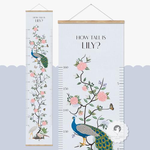 Personalised Chinoiserie Children's Height Chart Chinoiserie Kids Wall Art Canvas Growth Chart Floral Wall Art Decor, Pink Girl Room Decor