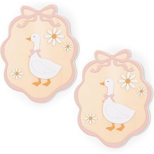 2 Pcs Wooden Goose Wall Decor One Silly Goose Nursery Decor with Pink Bow and Daisies Vintage Cute Funny Animal Duck Picture Wall Farmhouse Geese Artwork for Nursery Playroom