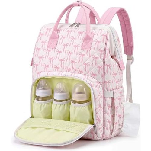 Quilted Diaper Bag Backpack Mom Baby Girl Diaper Bag Large Pink Bow Pattern