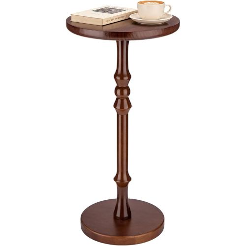 Round Side Table for Small Spaces, Drink Table with Oak Wood Pedestal Base, Modern Accent End Table or Nightstand for Living Room, Bedroom, Office, and Corners, Tool-Free Assembly, Brown