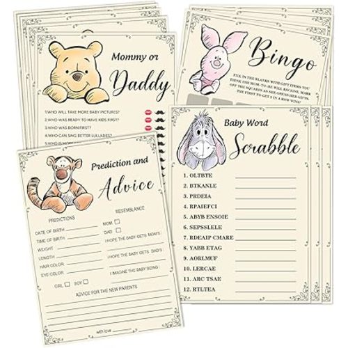 50Pcs Winnie Baby Shower Games, 2 Sets (25 Cards Each, 4 games) Activities Cards, Winnie Baby Shower Party Supplies, Include Baby Bingo, Prediction and Advice, Mommy's Belly, Word Scramble 4 Games