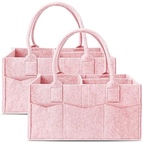 Cute Castle 2 Pack Diaper Caddy Organizer - Portable Baby Caddy Organizer with Handle, Nursery Storage Bin and Car Organizer for Girls, Boys - Baby Gift Basket - Pink, Large