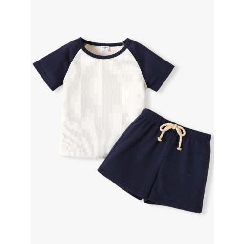 PatPat Toddler Boys Clothes Baby Boy Outfit Sets Kids Waffle Color Block Raglan Sleeve Tee & Solid Shorts Set,2-Piece, Navy Blue,3T