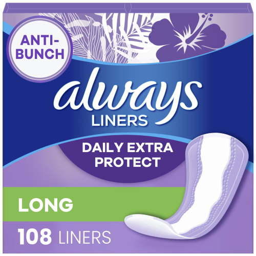 Always Daily Extra Protect Panty Liners, Long Length, Unscented, 108 Count