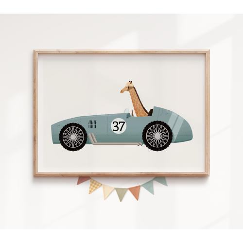 Animal Racing Car Nursery Print: Whimsical Gender Neutral Wall Art
