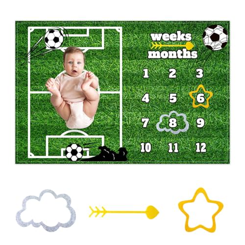 Football Field Baby Monthly Milestone Blanket Football Player Shooting Goal | Newborn Photography Backdrop Baby Boy Growth Record Prop, 60"x40" with Frames