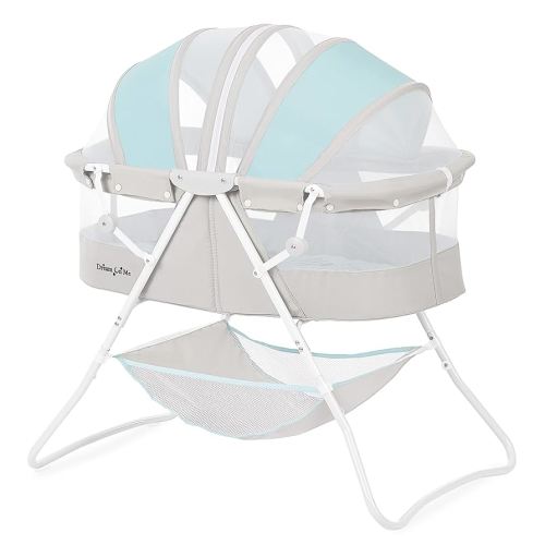 Dream On Me Karley Bassinet in Blue & Grey, Lightweight Portable Baby Bassinet, Quick Fold and Easy to Carry , Adjustable Double Canopy, Indoor and Outdoor Bassinet with Large Storage Basket.