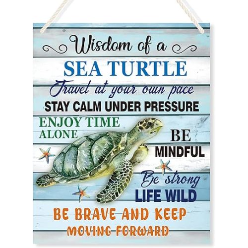 Sea Turtle Decor, Inspirational Sea Turtle Hanging Signs, Beach Theme Turtles Words of Wisdom Positive Wall Decor, Office Bedroom Living Room Home Creative Wall Art, 9.8 x 7.8 in