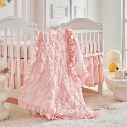 Ruffled Crib Bedding Set Baby Boho Quilted Comforter with Fitted Sheet and Bed Skirt - Cute Soft Breathable Seersucker Ruffled Shabby Chic Bedding Soft Blanket Design - Pink