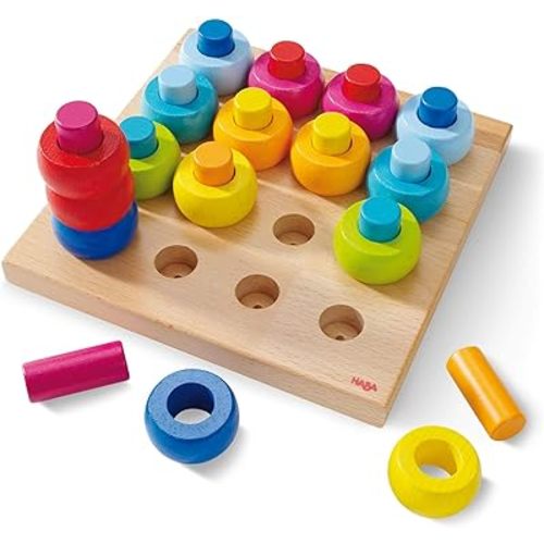 HABA Rainbow Whirls Wooden Sorting & Stacking Rings Shape Sorter, Educational Toys for 2 Year Old & Up, Color Sorting Fine Motor Toys, Made in Germany