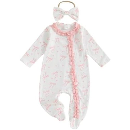Newborn Baby Girl Outfits Bow/Plaid Print Footed Jumpsuit Ruffle Zipper Romper Cute Fall Baby Coming Home Outfit