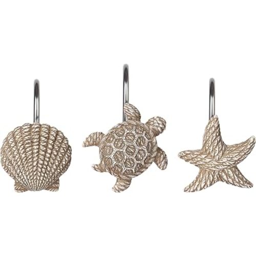 Sunlit Ocean Shower Curtain Hooks, Seashell Starfish Turtle, 12 Pack