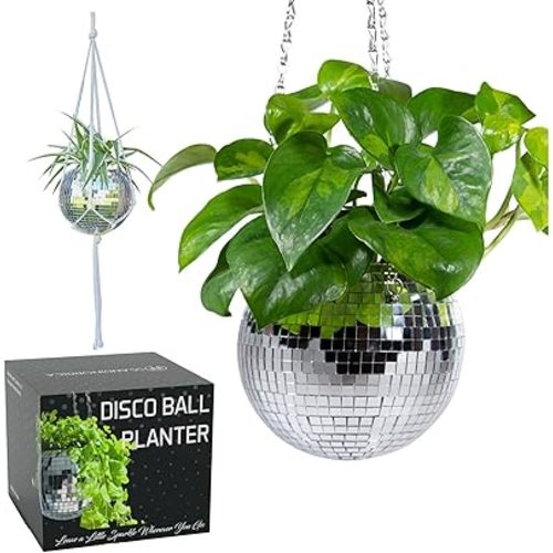 SCANDINORDICA Disco Ball Planter – Value Package: Mirror Disco Planter with Chain, Macrame Hanger and Acrylic Stand for Desk, Includes Self Watering Insert, Disco Ball Decor | 6 inch Silver
