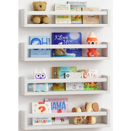 Forbena Floating Nursery Book Shelves for Wall Set of 4, Wall Bookshelf for Kids Room, White Wood Hanging Bookshelves Book Shelf for Baby Toddler Childrens Boy Girl Bedoom Toy and Decor Storage