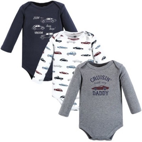 Hudson Baby Infant Boy Cotton Long-Sleeve Bodysuits, Cars 3-Pack, 9-12 Months