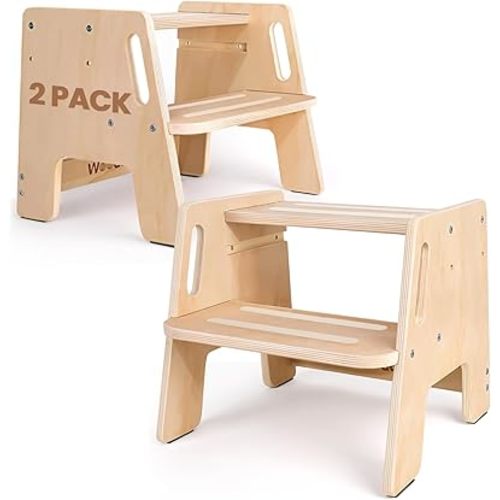 2 Pack Toddler Step Stool, Wooden Height-Adjustable 2-Step Stool for Kids, Potty Training Stool with Handles