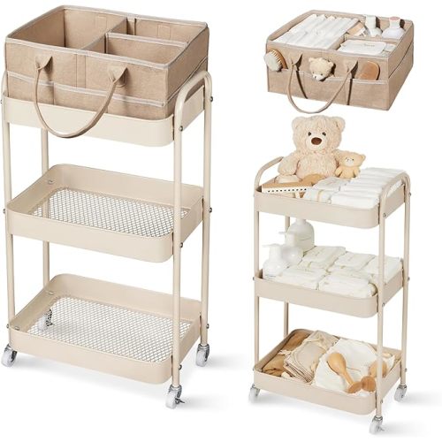 Fortella Baby Diaper Caddy, 3 Tier Rolling Storage Cart for Baby Essentials, Diaper Cart with Detachable Dividers, Storage & Baby Bottle Organizer, Nursery Dresser for Bedroom, Living Room (Taupe)