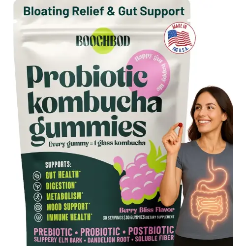 Probiotic Kombucha Gummy - Prebiotics, Probiotics, Postbiotics, Fiber Supplement, Slippery Elm, Dandelion Root, MCT Oil, for Bloating, Gut Health - Probiotics for Women and Men