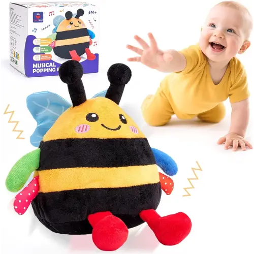 hahaland Baby Toy for 6 + 12 18 Months – Crawling Musical Dancing Bouncing Learning Bee Plush, Interactive Tummy Time Toy for 1 2 3 Year Old Boys Girls