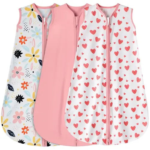 3 Pack Baby Sleep Sack 0-6 Months 100% Rayon Cotton Baby Sleeping Bag 2-Way Zipper Toddler Wearable Blankets Comfy Stretchy Lightweight TOG 0.3 （Heart&Pink&Floral）